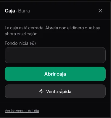 Hoja Caja de la pantalla del local de responde.app con la caja cerrada: un campo de fondo inicial, el botón Abrir caja y el botón Venta rápida.