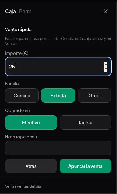 Formulario de venta rápida de responde.app: importe 25 €, familia Bebida, cobrado en efectivo, una nota opcional y el botón Apuntar la venta.
