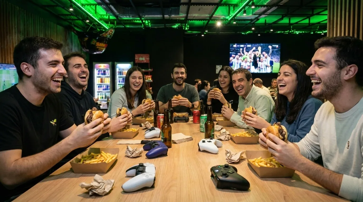 Grupo comiendo y jugando en Battle Gamers